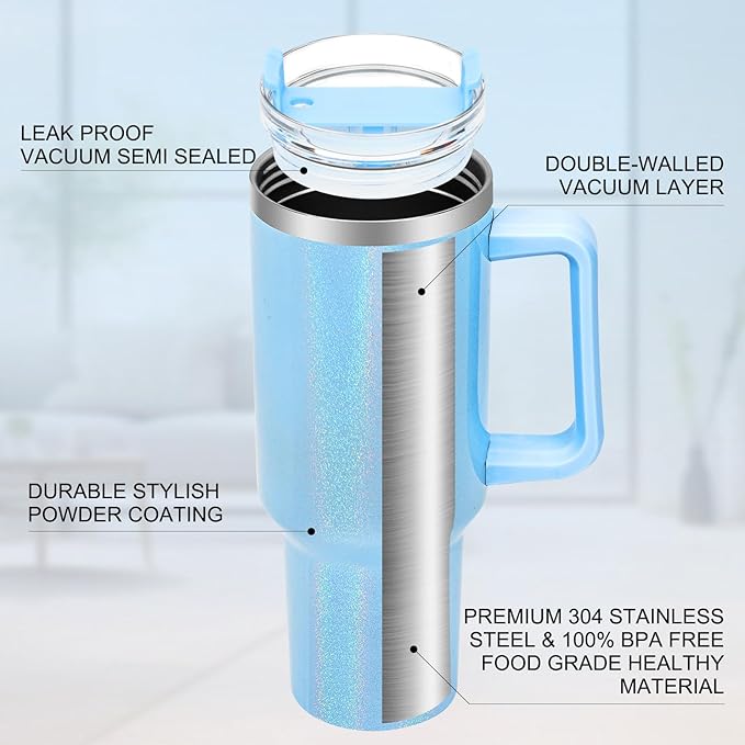 40 oz Tumbler with Handle and Flip Straw Lid, Vacuum Insulated Leak Proof Double Walled Stainless Steel Glitter Travel Mug Tumblers, Maintains Cold Ice and Heat for Hours(Blue) - Bloomnest