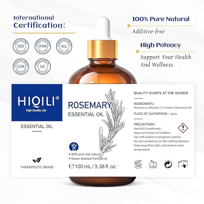 HIQILI Rosemary Essential Oil, 100% Pure & Natural, for Shampoo, Conditioner, Skin & Diffuser - 3.38 Fl Oz - Bloomnest