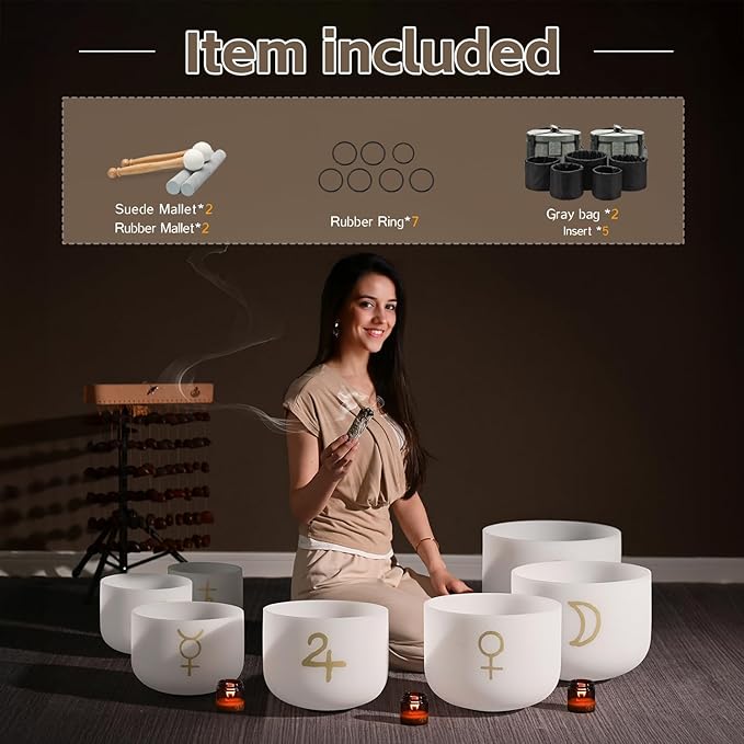 CVNC 432HZ 6-12 Inch Cosmic Pattern Design Frosted Quartz Crystal Singing Bowls Chakra Set of 7 with Carry Case Bag for Sound Healing and Meditation - Bloomnest