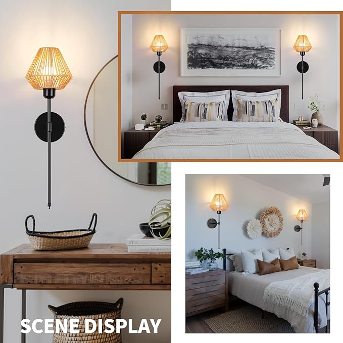 Battery Operated Wall Sconces Set of 2,Rattan Rechargeable Wall Light Dimmable with Remote Control,15 Color Changing and Timer,Boho Black Gold Wall Lamps for Bedroom,Living Room - Bloomnest