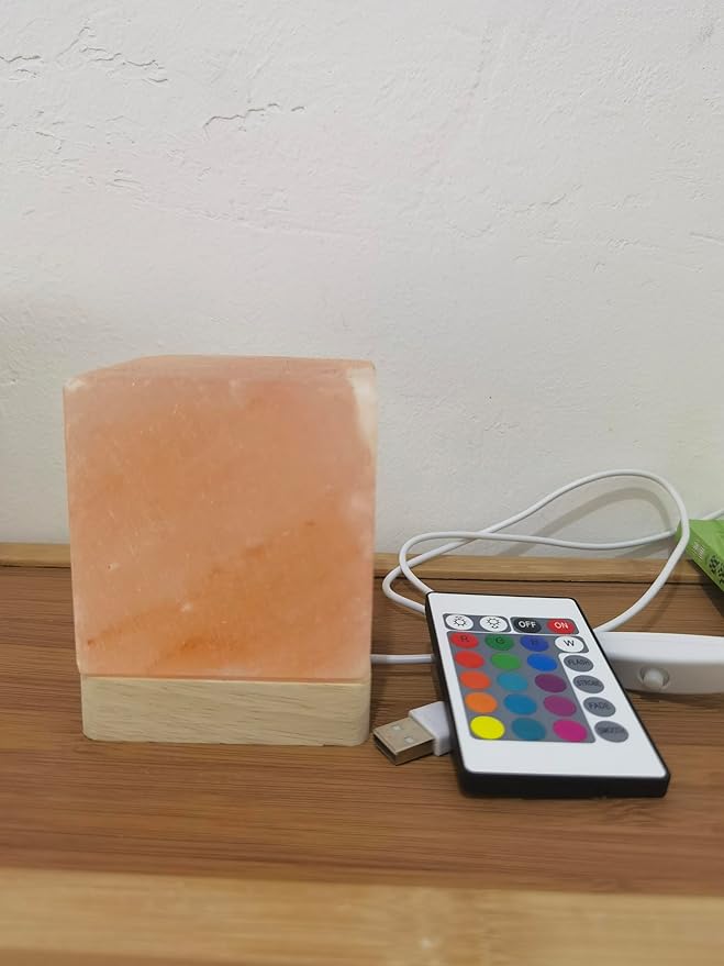 USB Colour Gradient Himalayan Salt lamp, Solid Wood Base Atmosphere Decoration Square Salt lamp with Remote Control, Natural Crystal Stone Bedside Night Light, Handmade Crafts. - Bloomnest