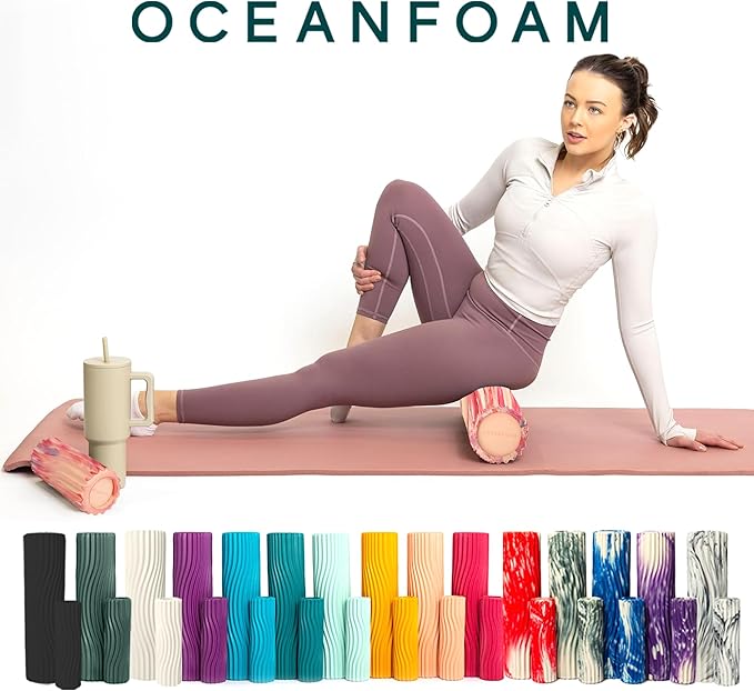 Oceanfoam Ripple Travel Foam Roller (11" x 3.35") Firm Mini Foam Roller for Physical Therapy, Deep Tissue Massage, Back Pain - High Density, Ergonomic Wave Textured - Yoga, Exercise (Cotton Candy) - Bloomnest
