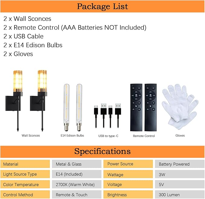 Battery Operated Wall Sconce Set of Two with Remote, Black Rechargeable Wireless Wall Lights, Sconces Wall Decor Set of 2 Dimmable 2700K Battery Powered Sconce for Bedroom Living Room Hallway - Bloomnest