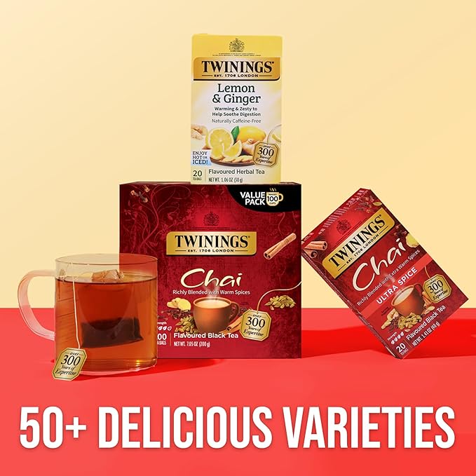 Twinings Chai Black Tea Individually Wrapped Bags, 100 Count (Pack of 1), Richly Blended with Warm Spices, Caffeinated, Enjoy Hot or Iced, 100 Teabags - Bloomnest