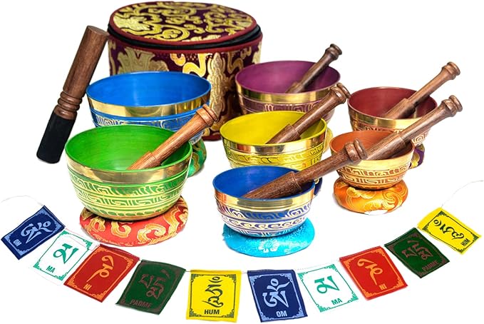 Tibetan Singing Bowl Set Of 7, Authentic 7 Metals, 7 Chakra Colors Mantra Chant Decorated Himalayan Singing Bowl For Chakra Healing, Meditation, Deep Relaxation, Stress Relief, Handmade In Nepal Khusi+Inc
