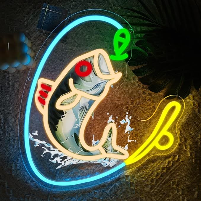 Fishing Neon Sign, Gone Fishing Led Neon Sign Light for Wall Decor Fish Hook Man Cave Light Up Sign Party Decorations for Gear Store Angler Teen Boy Dad Husband Gift Dimmable USB Powered(13.8"*10.6") - Bloomnest
