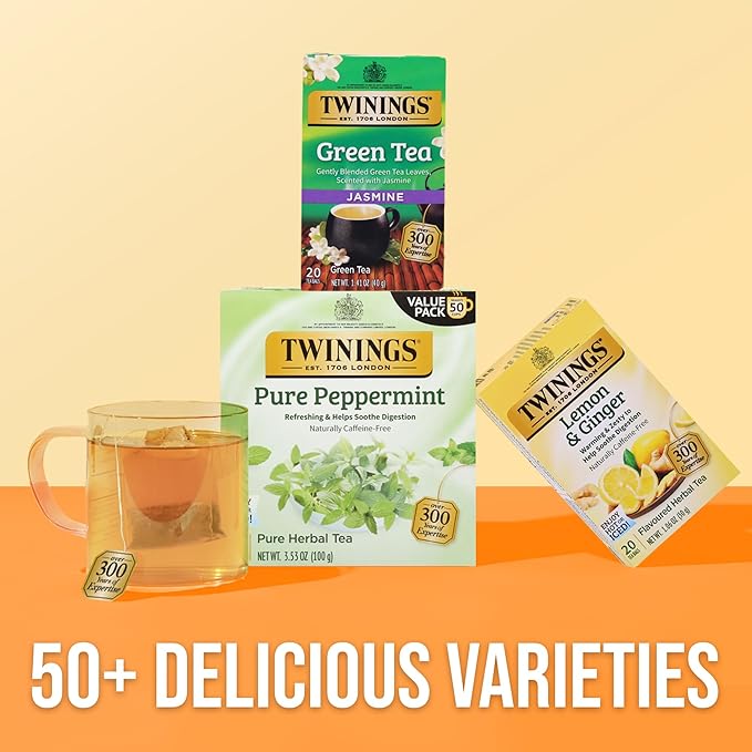 Twinings Lemon & Ginger Herbal Tea Individually Wrapped Bags, 20 Count (Pack of 6), Tangy Lemon, Spicy Ginger, Naturally Caffeine-Free, Enjoy Hot or Iced, 120 Teabags - Bloomnest