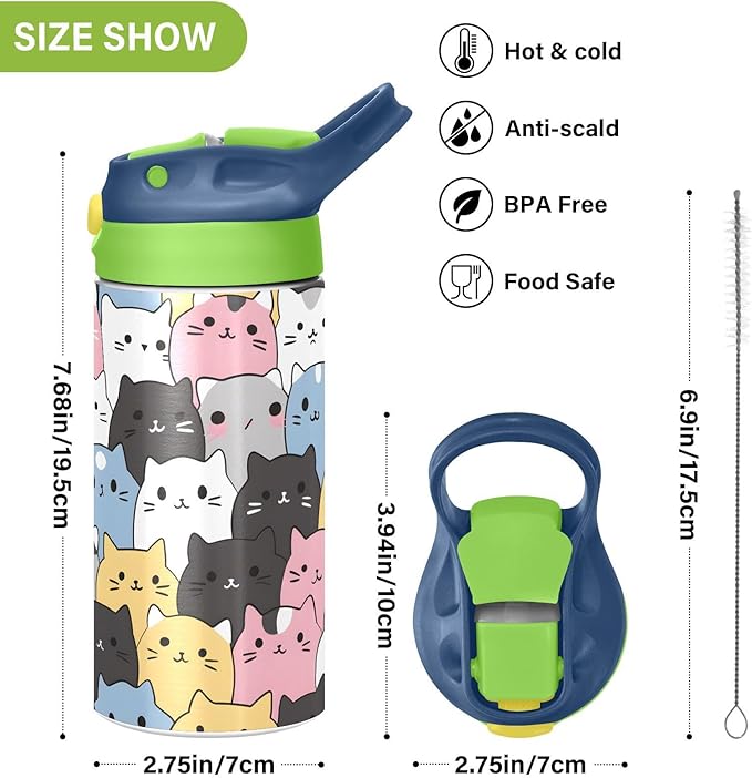 Cats Cute Animal Kids Water Bottle with Straw Lid Insulated Tumbler with Handle Stainless Steel Reusable Toddlers Cup for Kids Boys 12 oz - Bloomnest