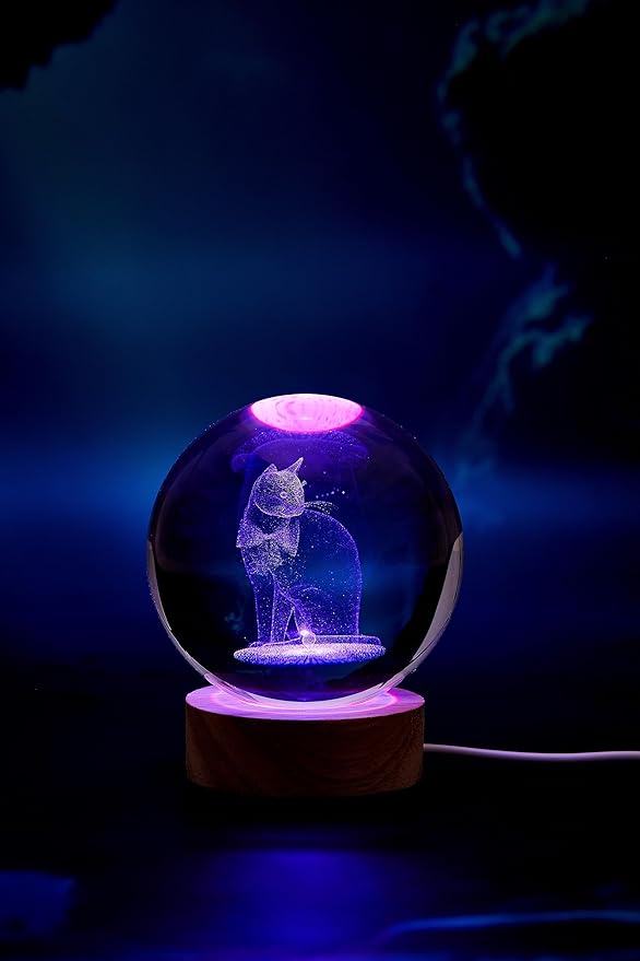 Cat Crystal Ball Lamp, 3.15 inch 3D K9 Crystal Ball Night Light with Wooden Base, 16 Color Change with Remote Control - Bloomnest