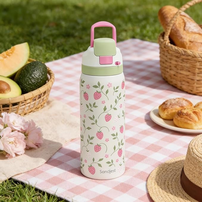 Strawberry Stainless Steel Water Bottle, Vacuum Insulated, Push-Button Lid, 32 oz, Gifts for Women Girls Friends Teens Birthday Christmas SANDJEST