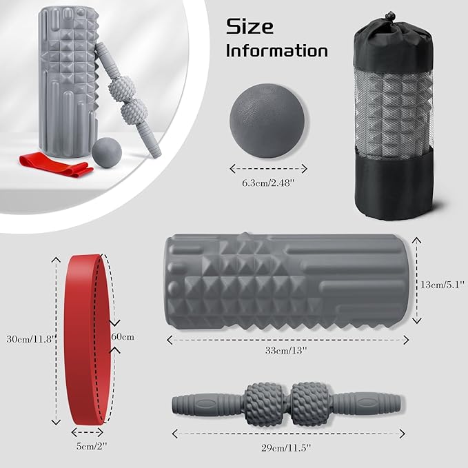 5-in-1 Foam Roller Set, Massage Roller Stick, Massage Ball, Resistance Band for Deep Muscle Massage, Trigger Point Release, Pilates, Yoga (Grey) - Bloomnest
