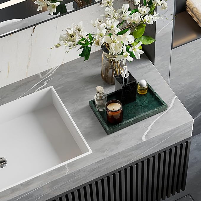 Real Natural Marble Tray for Bathroom, Vanity, Kitchen and Desktop, Rectangle Genuine Marble Stone Tray for Jewelry, Cosmetics, Candles, Lotion, Perfume and Home Decor