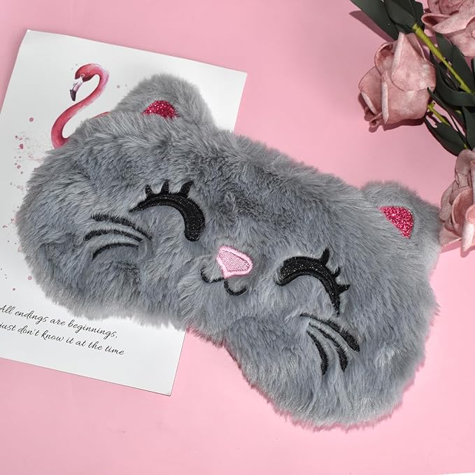 Cute Cat Sleeping Mask Eye Mask Funny Animal Kitten Sleep Mask Soft Plush Blindfold Travel Eye Cover Eyeshade for Kids Adults Girls Boys Women Men (Cat, Gray) - Bloomnest