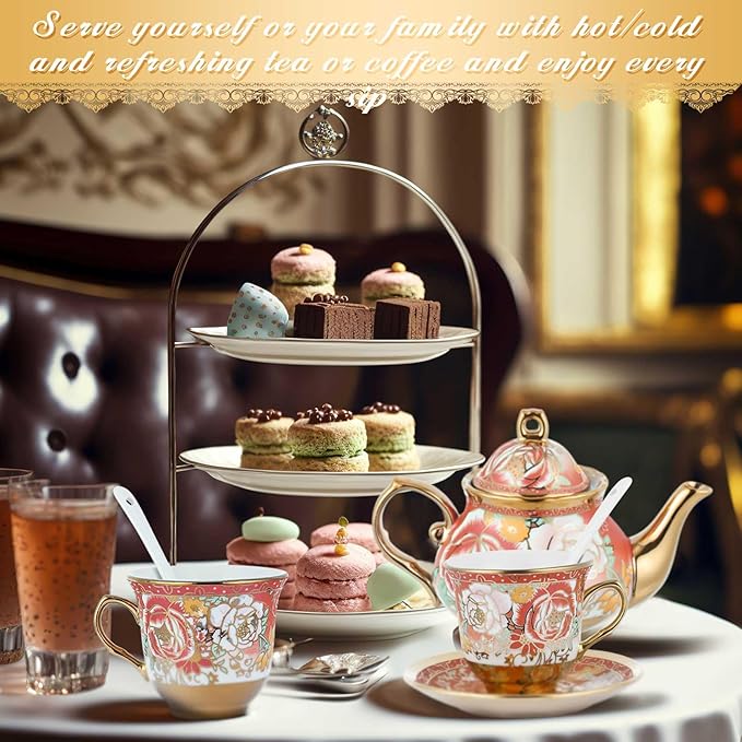 Zhehao 20 Pcs Porcelain Tea Set with Metal Holder and Spoon Adult Ceramic Tea Set European Flower Painting Teapot Cup Saucer Spoon for Women, Large Version(Noble Style) - Bloomnest