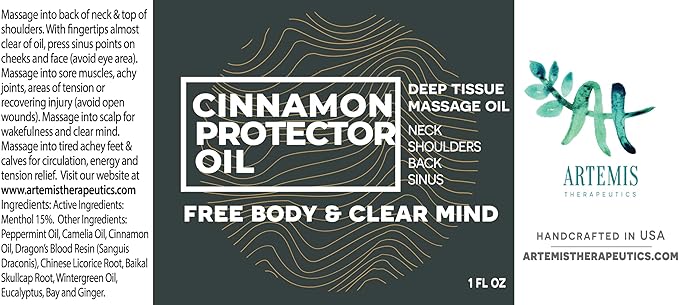 Massage Oil for Neck Massage, Muscles, Cupping, and Massage Tools. Aromatherapy Essential Oils and Herbal Extracts Cinnamon Protector Oil by Artemis Therapeutics