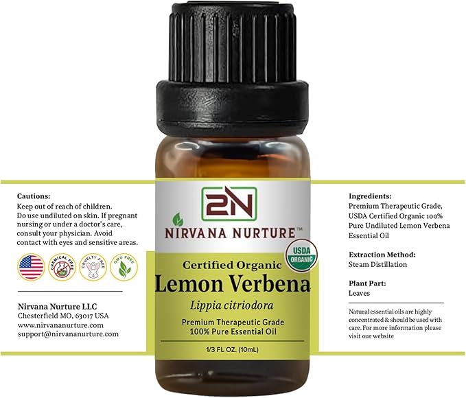 Lemon Verbena Essential Oil, USDA Certified Organic, 100% Pure Undiluted, Aromatherapy Oil for Diffuser, Hair & Skin Care