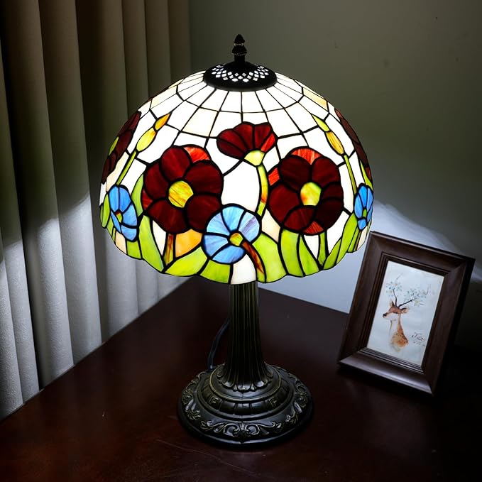 Tiffany Lamp Red Poppy Flowers Stained Glass Table Lamp Vintage Bedroom Desk Light for Home Dorm Office Art Craft Antique Decor Accent Aesthetic Nightstand Reading Light - Bloomnest