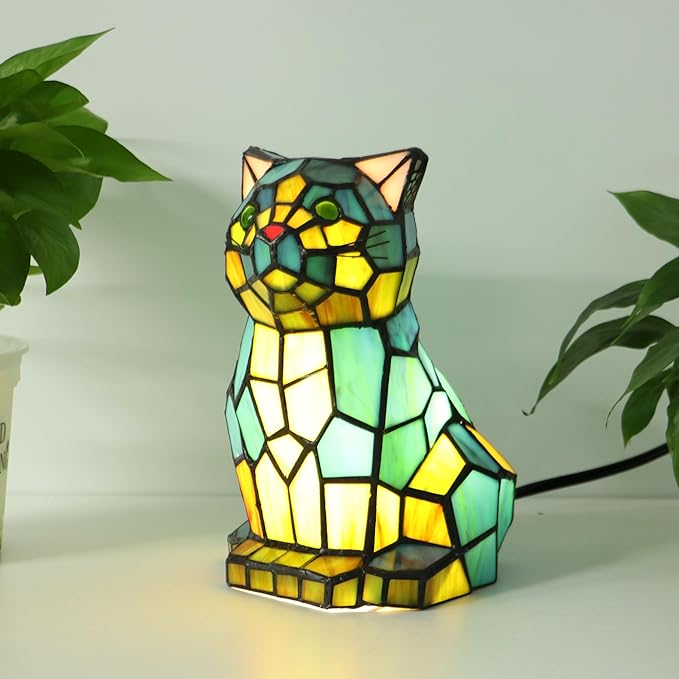 Tiffany Cat Lamp Blue and Green Stained Glass Animal Table Lamp Accent Lamp - Bloomnest