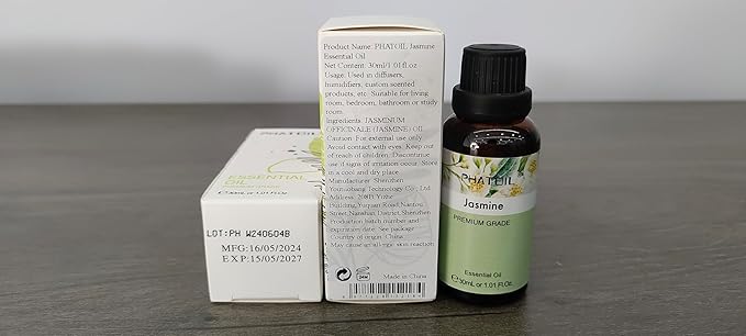 Jasmine Essential Oil 1.01fl.oz/30ml, PHATOIL Jasmine Oils Long Lasting Scents for Aromatherapy, Diffuser, DIY Soap and Candle Making PHATOIL