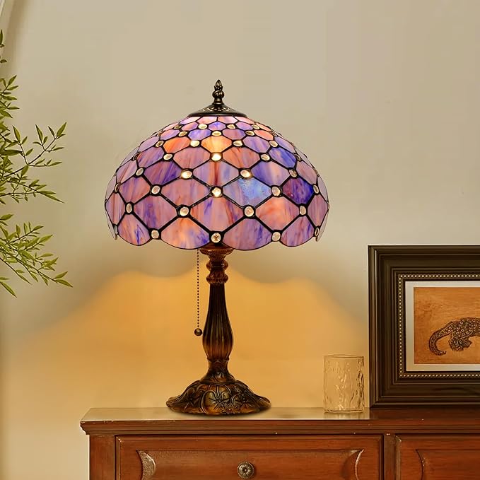 Tiffany Lamp Vintage Deep Blue Stained Glass Bead Table Lamp Desk Bedside Reading Light Decor Bedroom Living Room Home Office D12*H18 Inches - Bloomnest