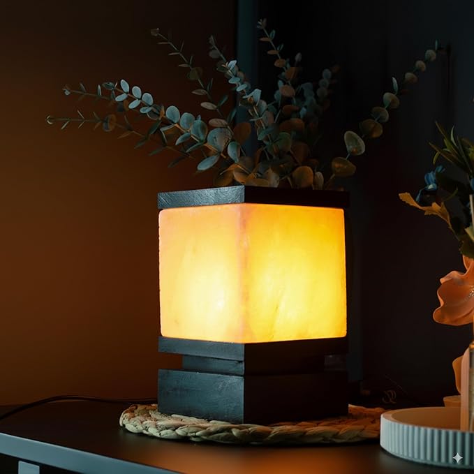 POHS 100% Authentic Himalayan Pink Salt Cube Lamp with Black Wooden Base, Dimmer Switch Cord and Two Bulbs, Night Light for Home and Office Table and Desk, Gift and Decor - Bloomnest