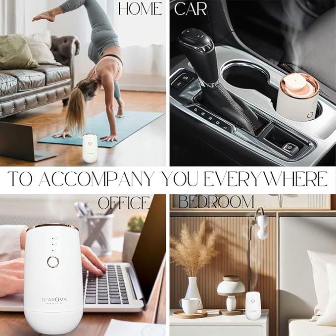 Waterless Essential Oil Diffuser – Portable Nebulizing Aroma Oil Diffuser for Car, Home & Office, USB Rechargeable, Silent Operation, No Water Needed, Di'Aroma (White) - Bloomnest