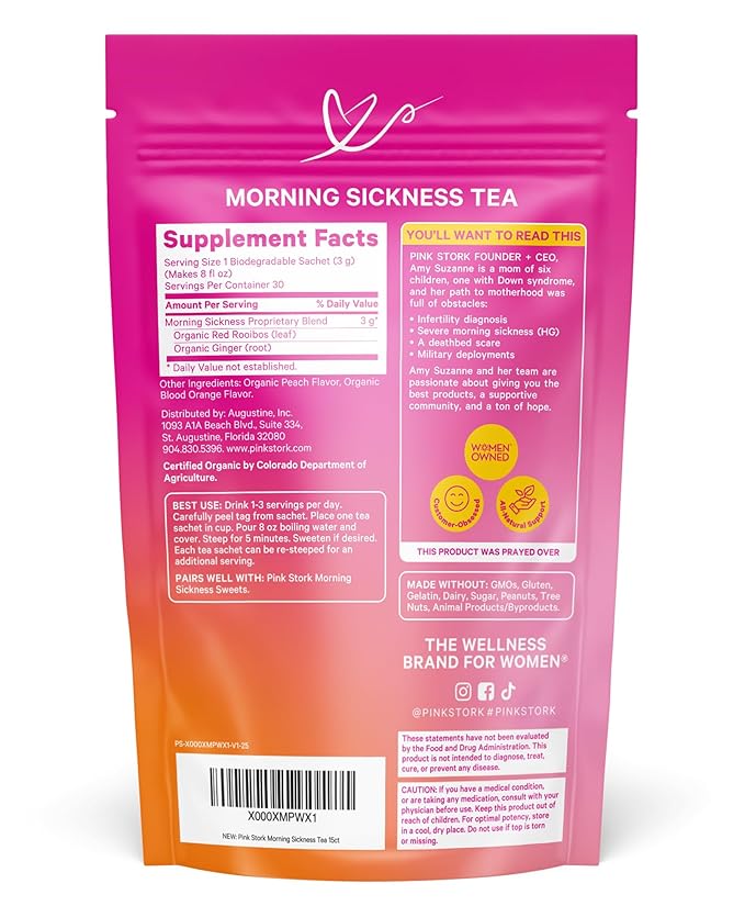 Pink Stork Organic Morning Sickness Pregnancy Tea - Hot or Iced Tea - Prenatal Heartburn, Indigestion, and Constipation Support - 1st Trimester Pregnancy Must Haves - Ginger Peach, 15 Sachets - Bloomnest