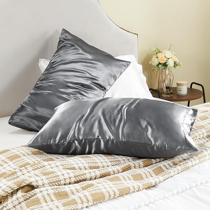 BEDELITE Satin Pillowcase for Hair and Skin, Super Soft and Cooling Similar to Silk Pillow Cases 2 Pack with Envelope Closure, Gift for Women Men(20"x26" Standard Size, Dark Grey) - Bloomnest