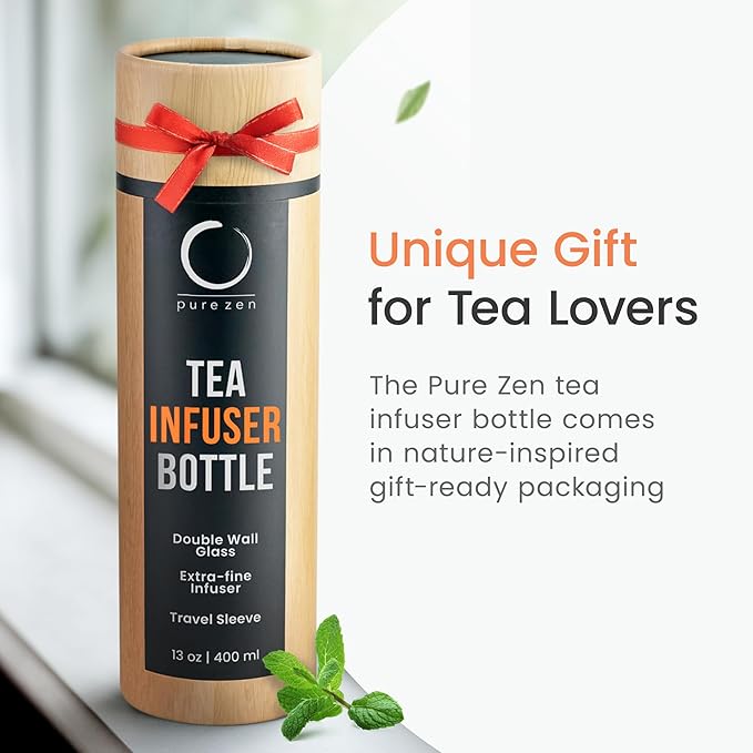 Pure Zen Tea Tumbler with Infuser - Double Wall Glass Travel Mug with Stainless Steel Filter - Leakproof Tea Infuser Bottle for Loose Leaf Infusions and Fruit Infused Water - Unique Gift Set - 13 oz - Bloomnest