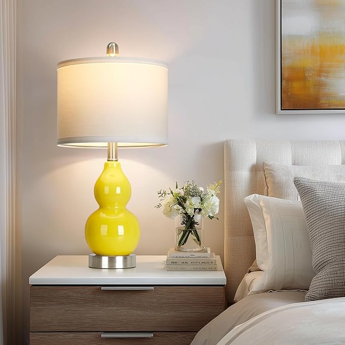 Double Gourd Ceramic Table Lamps Set of 2, Modern Yellow Bedside Lamps for Night Stand, Contemporary Nightstand Lamps for Bedroom Living Room (Bulb Included) - Bloomnest