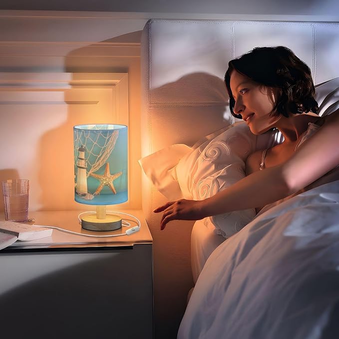 Table Lamp Nautical Sailboat Lighthouse Starfish Seashell Fishnet Blue Wood Nightstand Lamp with Wood Base Fabric Lamp Shade Bedside Desk Lamp for Living Room Bedroom Kids Room Office - Bloomnest