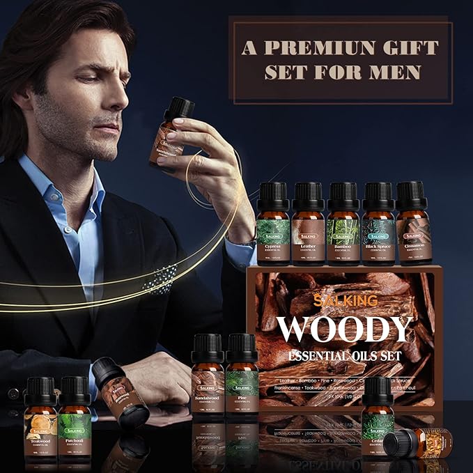 SALKING Woodsy Essential Oils Set for Men, Masculine Essential Oils, 12 x 10ml Natural Fragrance Essential Oils for Diffuser, Candle & Soap Making, Manly Essential Oil Gift for Husband - Bloomnest