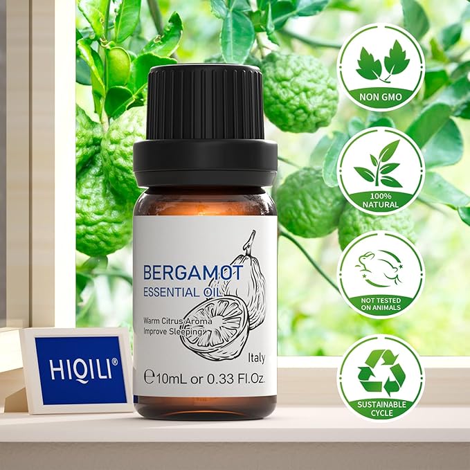 HIQILI Bergamot Essential Oil for Diffuser, Skin, Hair, DIY, 100% Pure & Natural, Travel Size - 0.33 Fl Oz (10 mL) - Bloomnest