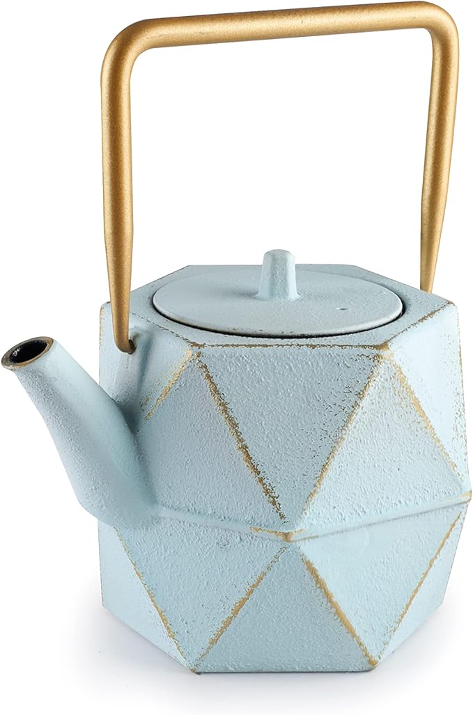 IBILI 40 Oz Kerala Cast Iron Teapot | Made in Spain | Diamond Design, Stainless Steel Infuser, Enameled Interior, Stovetop & Induction Compatible, Japanese Kettle for Leaf Tea, Tetsubin, Light Blue - Bloomnest