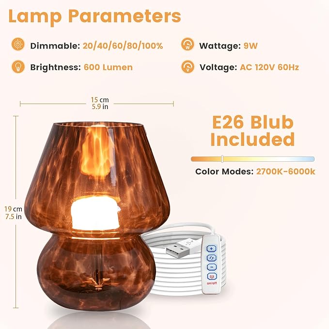 USB Plug-in Vintage Mushroom Lamp Small Bedside Table Lamp with 3 Temperature LED Bulb,Free Dimming Nights Light for Bedroom/Living Room/Entryway/Corner Decor New Home Gift (Golden Amber) - Bloomnest