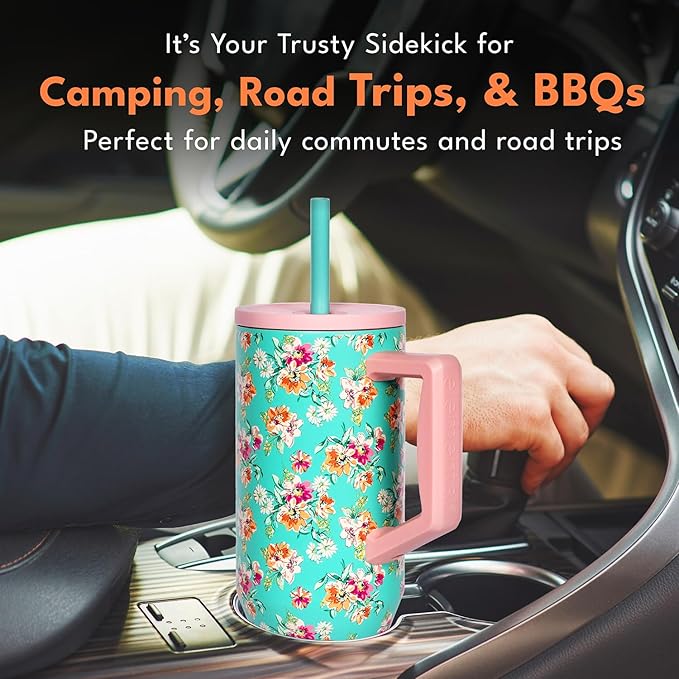 Elemental 40 oz Tumbler with Handle and Straw - Spill Proof Insulated Stainless Steel Commuter for Hot and Cold Beverages - Travel Coffee Mug with 2 Straws & Spill Proof Lid - 40oz - Vintage Flower - Bloomnest