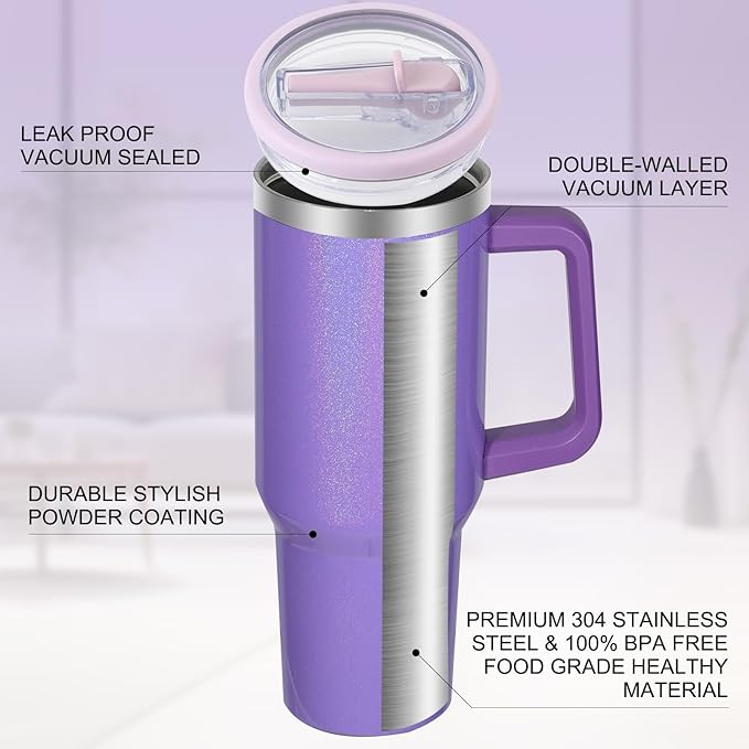 40 oz Tumbler with Handle and Flip Straw Lid, Vacuum Insulated Leak Proof Double Walled Stainless Steel Glitter Travel Mug Tumblers, Maintains Cold Ice and Heat for Hours(Purple) - Bloomnest