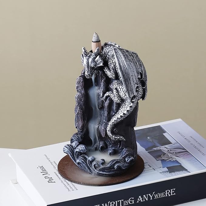 Dragon Backflow Incense Holder Waterfall Incense Burner, with 100 Backflow Incense Cones,1 Mat,1 Tweezers,Aromatherapy Ornamental for Home Office Yoga (Silver Dragon) - Bloomnest
