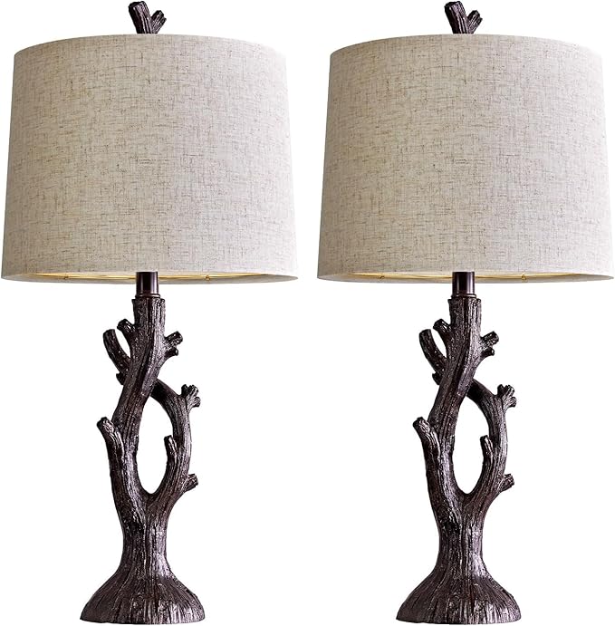 OYEARS 25" Farmhouse Table Lamp Set of 2 for Living Room Bedroom Resin Bedside Tree Lamp Nightstand End Table Lamps Vintage Natural Style - Bloomnest