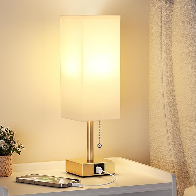 aooshine White Small Table Lamp for Bedroom - 3 Color Temperature 3000K 5000K 4000K Bedside Lamp, Pull Chain Control, USB A and C Ports, Pure Gold Color Base, Bulb Included - Bloomnest