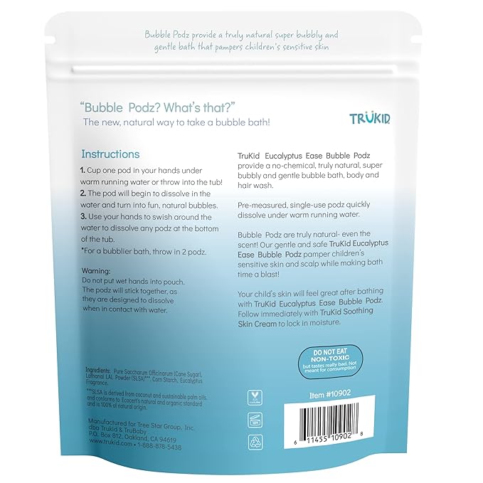 TruKid Bubble Podz Bubble Bath for Kids, Toddlers, & Babies, Tear Free Gentle & Refreshing Bath Bomb for Sensitive Skin with Natural Moisturizers, Non-Toxic, pH Balanced, Eucalyptus Scent (60 Podz) - Bloomnest