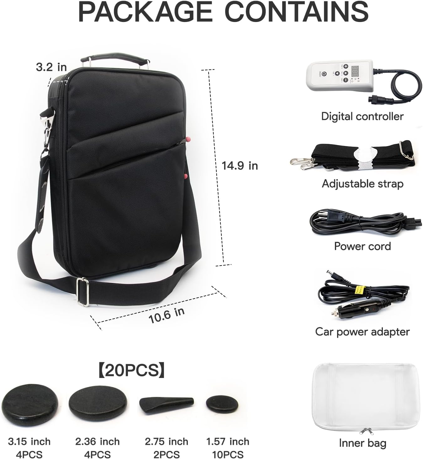 Portable Massage Stone Warmer Set, 20 Pcs Basalt Hot Stones with Heater Kit, Electric Hot Stones Warmer Massager for Professional/Home Spa, Digital Controller Heating Travel Bag (Black)