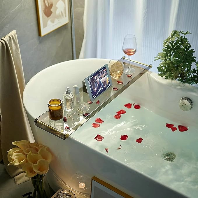 Bathtub Caddy Tray for Luxury Bathroom Bath tub Table Caddy Tray Shelf for Shower with Gold Handles fits All bathtubs - Bloomnest