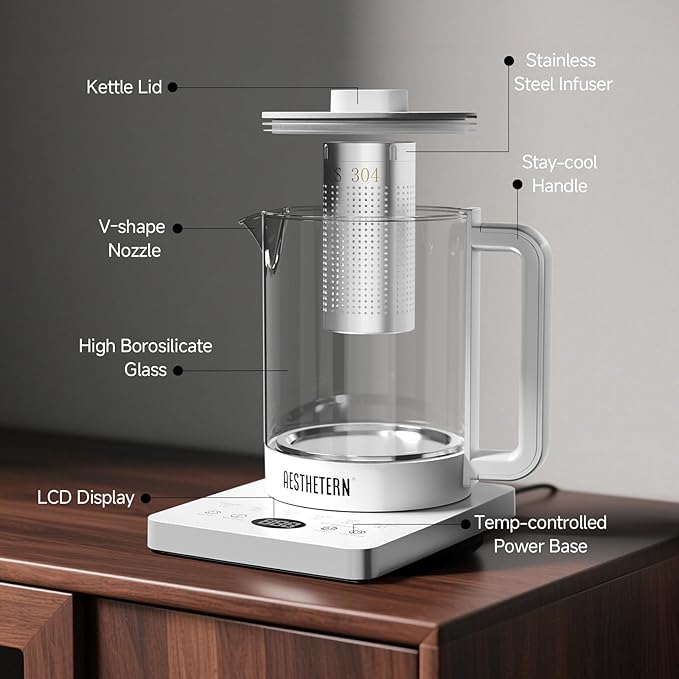 Electric Tea Kettle with Infuser, 1.5L Glass Water Boiler with Temperature Control, 24H Keep Warm & Auto Shut-Off, White - Bloomnest