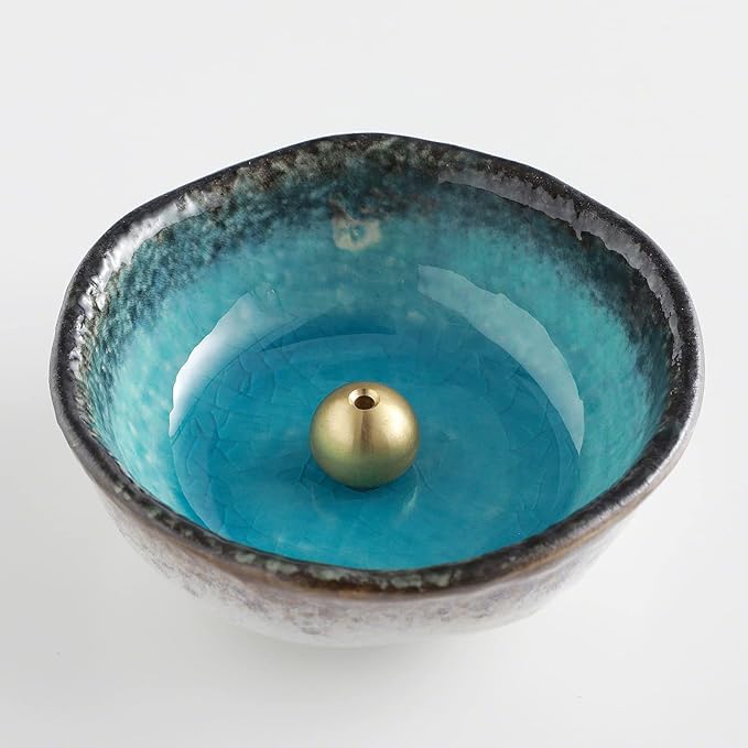 Asayu Japanese Small Mini Incense Holder for Sticks 3.3 inch (83mm), Made in Japan Ceramic Ash Catcher and Brass Incense Burner Set for Yoga, Meditation (Small Mini Nature Ocean Blue Holder) - Bloomnest