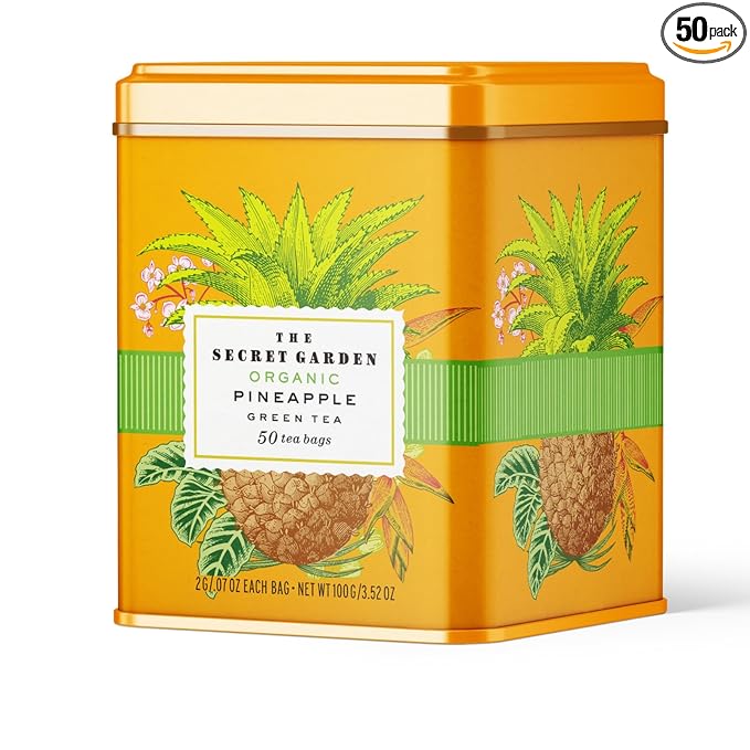 Life Plus Style Gourmet The Secret Garden Organic Pineapple Green Tea Premium Naturally Caffeinated Tropical Fruit Daily USDA Certified Green Tea Non GMO Herbal 50 Tea Bags Gift Tin Enjoy Hot or Iced - Bloomnest