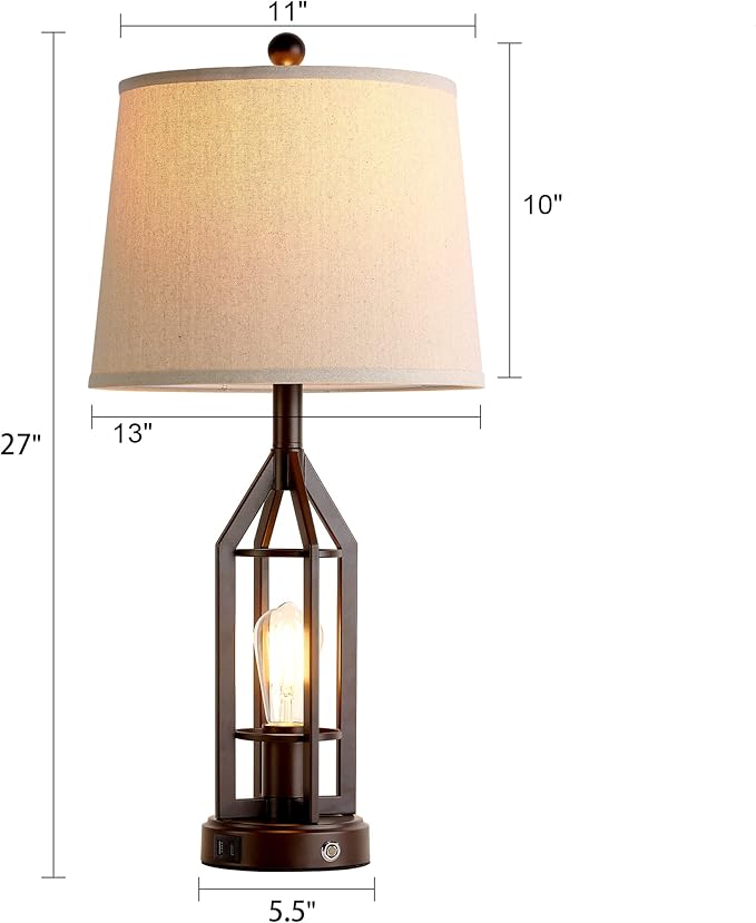 28" Living Room Lamps Set of 2, Farmhouse Table Lamps for Bedroom with USB A+C Ports, Touch Lamps for Nightstand End Tables, 4 Bulbs Included - Bloomnest