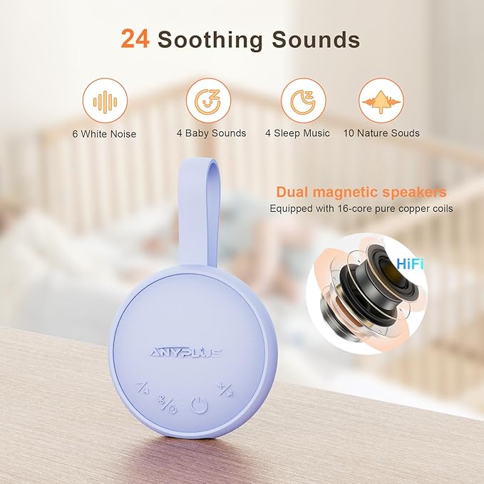 White Noise Sound Machine, Portable Sound Machine for Sleeping Adults & Baby, with Bluetooth 5.1/24 Soothing Sounds/Battery Powered/3 Timer Memory Function for Office/Bedroom/Travel(Purple) - Bloomnest