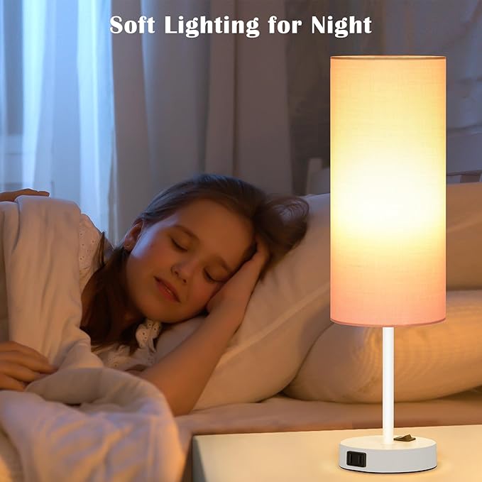 ZJOJO Table Lamp for Bedroom 2 Pack,18in Bedside Lamps with 3 Way Dimmable Rocker Switch & AC Outlet,Nightstand Desk Lamp with Pink Fabric Shade White Base for Living Room Home Decor Lights - Bloomnest