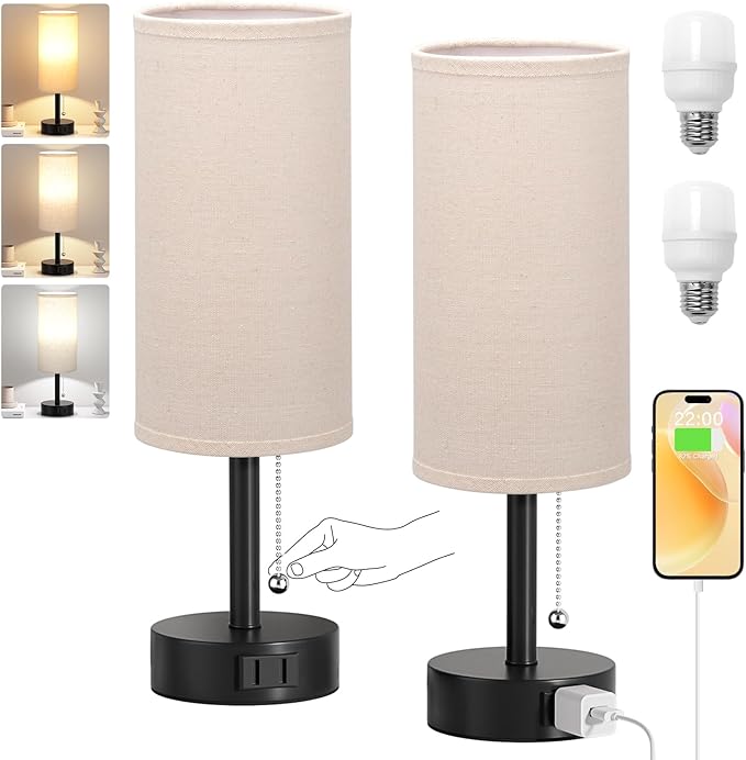 Fenmzee Bedside Table Lamps Set of 2-3 Color Temperatures Pull Chain Lamp with AC Outlet Charging Port, Round Night Stand Lamps for Bedroom Guest Room Office, Small Bed Side Light with E26 LED Bulbs - Bloomnest